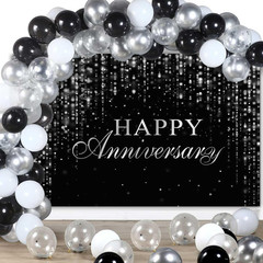 Happy Anniversary Backdrop Black Silver Anniversary Banner Cheers to Marriage