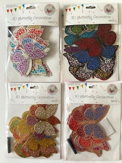4 Packs of 12 3D BUTTERFLY DECORATIONS NEW SEALED 48 Butterflies PARTY TIME Art