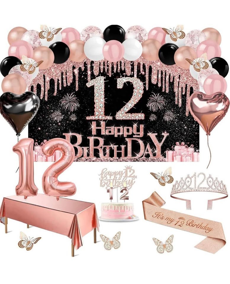 12th Birthday Decorations for Girls, 49pcs Black Rose Gold Black Banner, Table