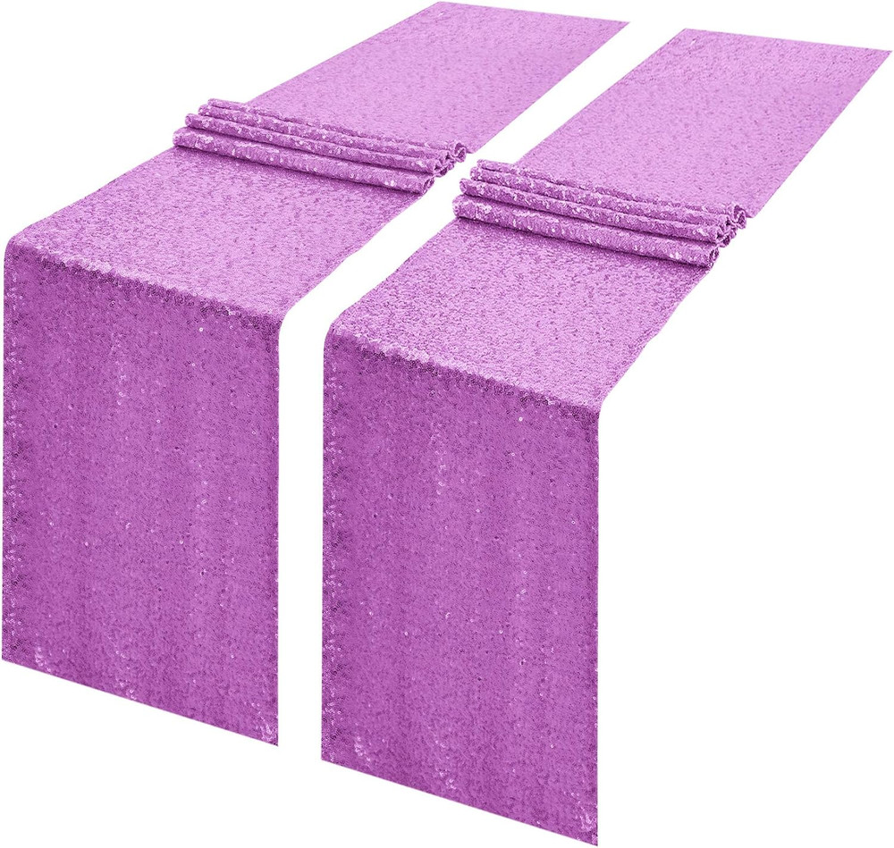 2 Packs 12 x 108 inches Lavender Sequin Table Runner, Glitter Lavender Purple Ta