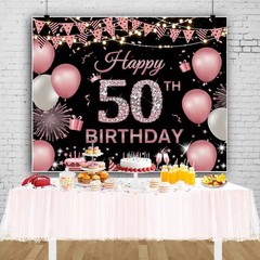 Happy 50th Birthday Party Backdrop Banner Birthday Theme Black Pink White 10×8