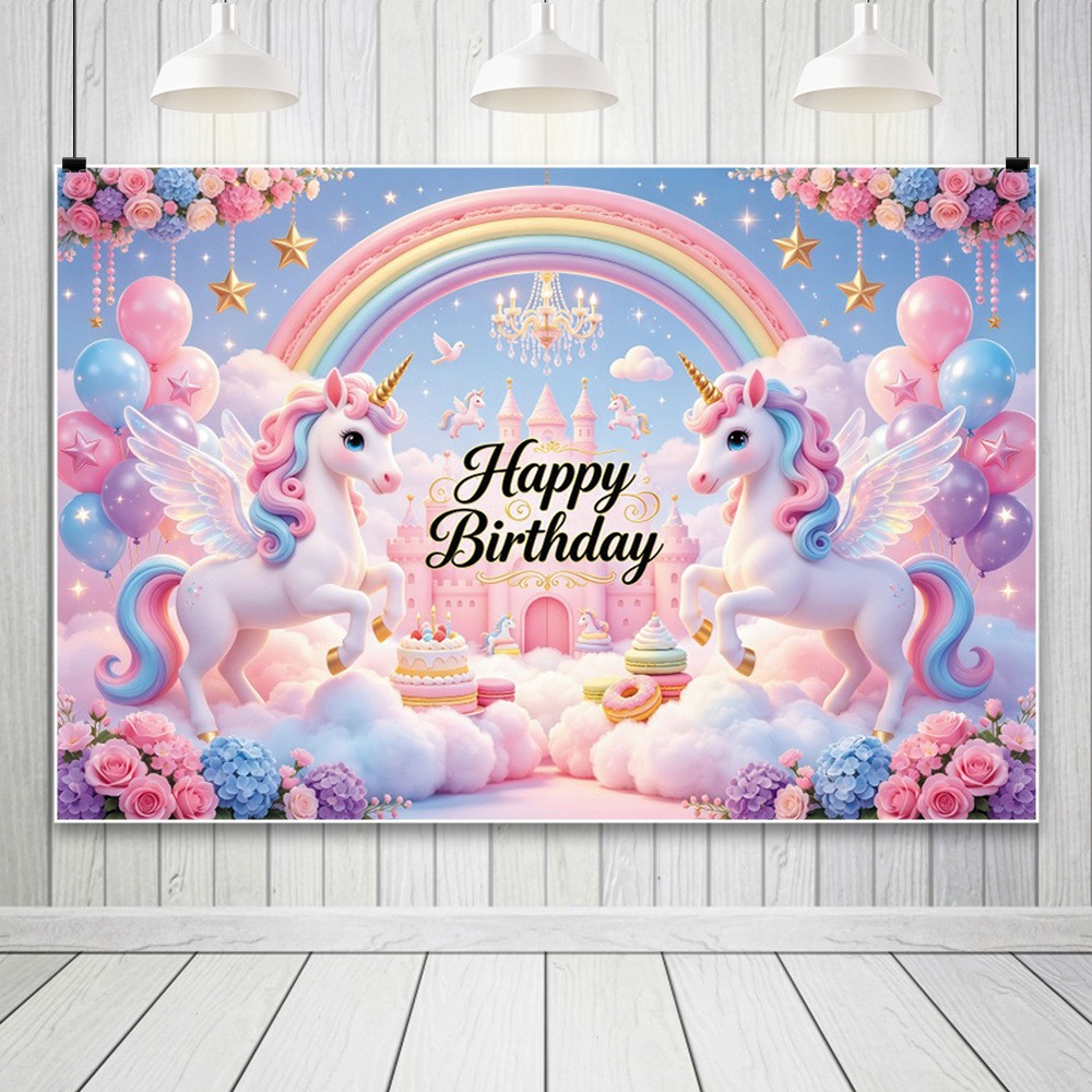 Balloon Rainbow Unicorn Birthday Backdrop Photo Background Banner Party Supplies