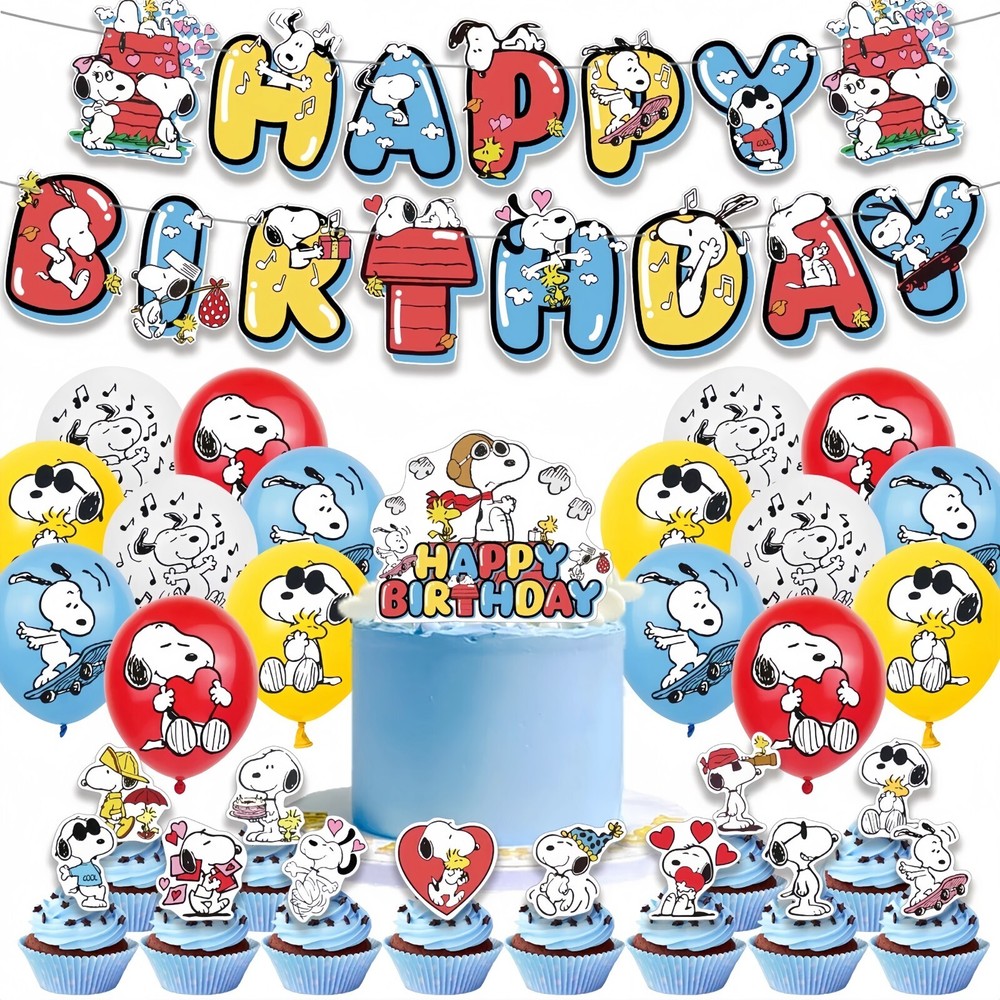 Cute Snoopy Theme Birthday Party Supplies Set Balloon Banner Cake Toppers