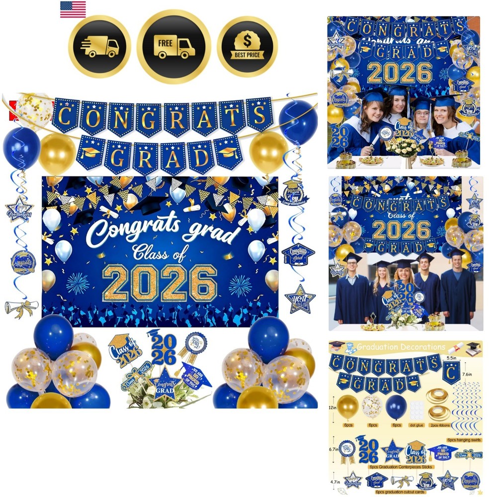 Graduation Decorations 2026 Bundle Banner Balloons Swirls Cake Topper