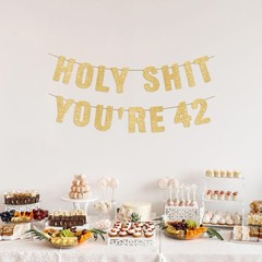 Pre-Strung Holy S You’Re 42 Gold Glitter Banner, Happy 42Nd Birthday Decorations