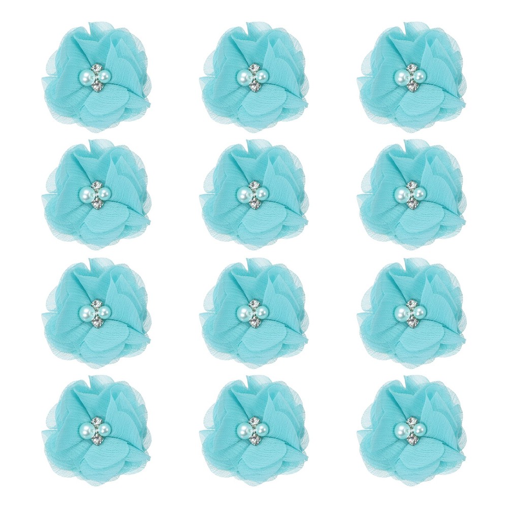 12Pcs 2″ Chiffon Flowers with Rhinestone Pearl Sewing Fabric Flowers, Teal