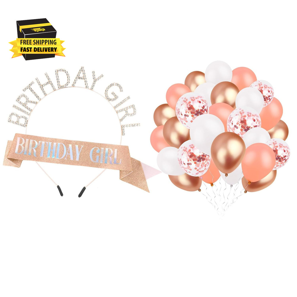 Rose Gold Birthday Decorations for Women – Birthday Girl Headband & Sash Rhinest