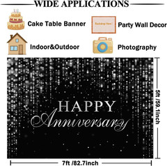 Happy Anniversary Backdrop Black Silver Anniversary Banner Cheers to Marriage