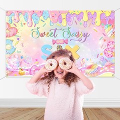 Mocsicka Donut 6th Birthday Banner Backdrop Sweet Sassy and Six Birthday Deco…