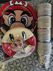 Mario Bro Birthday Decorations,Table Covers,Stickers,Plates BD letters 215 Pcs