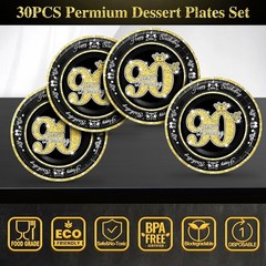 Elegant 90th Birthday Decorations, Black Gold Disposable Plates & Napkins for 30