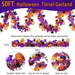 50 FT Halloween Tinsel Garland – Orange Pumpkin, Black Spider, Purple Bat Decor