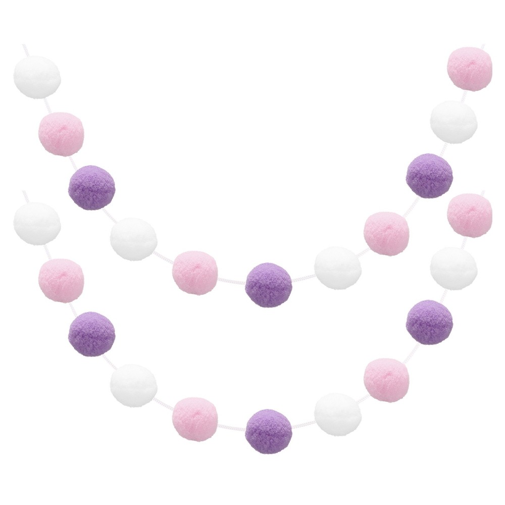 2pcs Pom Pom Garland 6.6 Ft 30 Balls for Crafts Decor White Pink Purple