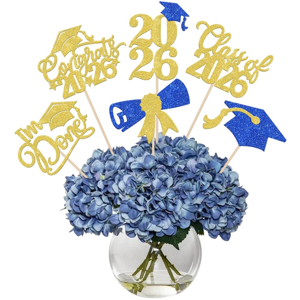 12 PCS 2026 Graduation Done Centerpiece Sticks Cap Table Flower Blue Gold
