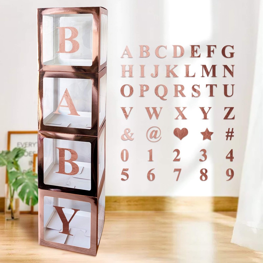 UNIIDECO 4 pcs Rose Gold Clear Boxes for Balloons with 30 Letters 10 Numbers 5 S