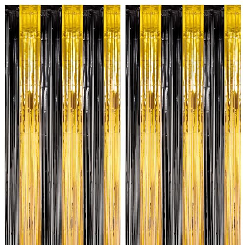2 Pack Foil Fringe Backdrop 39.6″W x 98.4″L (Pack of 2) Black and Gold