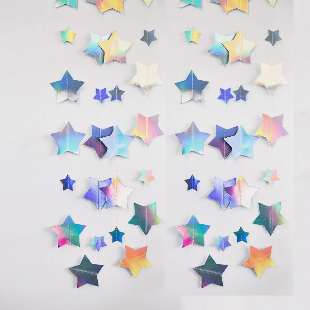 Iridescent Glitter Mixed Star Paper Garland Banner Décor 40 Feet Mixed Little an