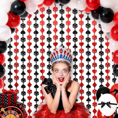 Casino Theme Party Decorations, 2 Pack 3.3X6.6 Ft Red and Black Tinsel Foil Frin