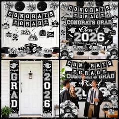 Class of 2026 Graduation Decorations Black & Silver All-in-1 Banner Balloon Kit