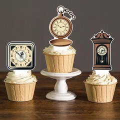 Clock Cupcake Toppers 48PCS Vintage Time Theme Decorations Retro Clock Cake P…