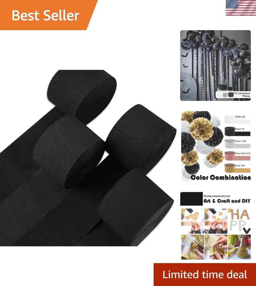 Versatile Black Crepe Paper Streamers – 1.8 Inch x 82 Ft, Perfect for Parties