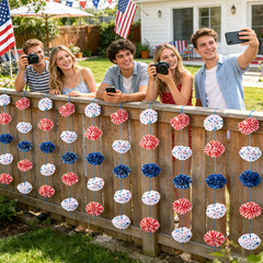 Red White and Blue Tissue Paper Pom Pom Garlands, Patriotic Decorations, Paper P