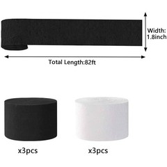 6 Rolls White Black Crepe Paper Streamers 1.8 Inch 82 Ft Party Decor