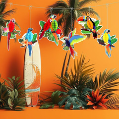 6Pieces Tropical Birds Honeycomb Parrot Paper Cutouts Decorations, Hawaiian Part