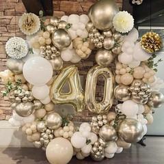 Gold & White Birthday Decorations Kit Balloons Banner Tablecloth Confetti