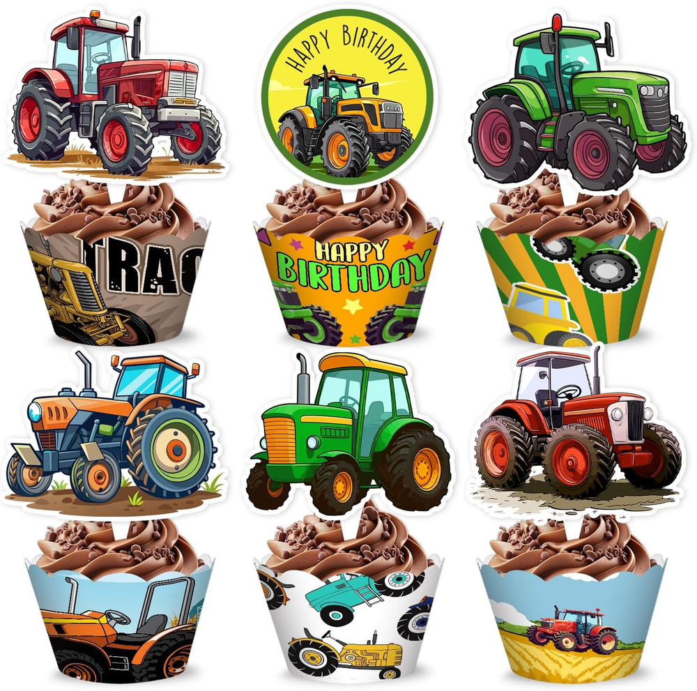 48PCS Tractor Themed Birthday Party Decorations | 24PCS Cupcake Toppers & 24PCS