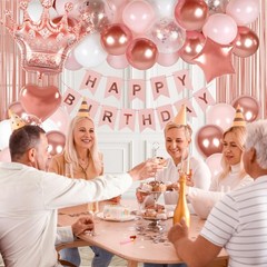 Rose Gold Birthday Decorations White Pink Balloons Banner Fringe Curtain Women