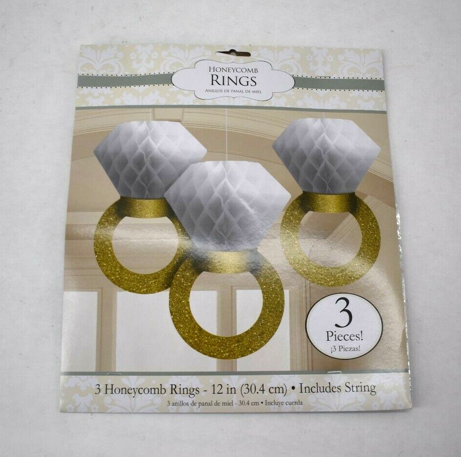 Honeycomb Gold Glitter Rings Hanging Party Decorations Wedding Engagement 3 Pcs