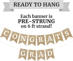 Pre-Strung Congrats Grad Banner Gold Glitter 6 Ft Graduation Party Decor