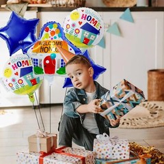 5PCS Welcome Home Balloons Blue Star House Shaped Blue, Silver