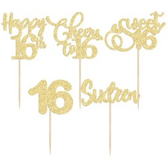 Happy 16th Birthday Cupcake Toppers Gold Glitter Sweet 16 Picks Party Decoration