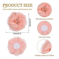 30Pcs 2″ Chiffon Flowers with Rhinestone Pearl Sewing Fabric Flowers, Light Pink