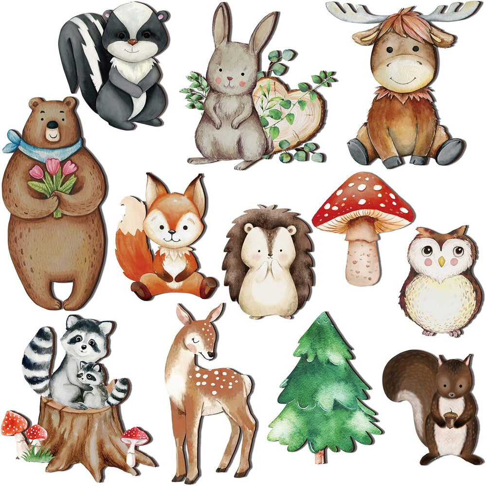 12 Pcs Wooden Animal Cutout Shapes Forest Painted Woodland Decorations Animals W