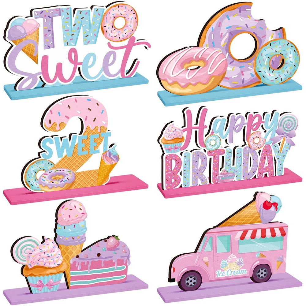 6 Pcs Donut Two Sweet 2nd Birthday Party Decorations Table Sign Centerpiece