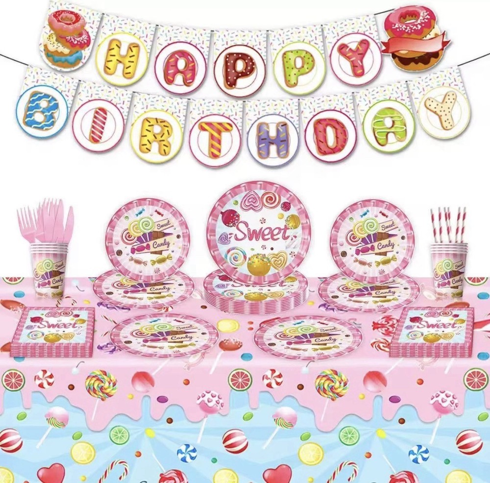 🎉🍭 Sweet Treats Birthday Party Tableware & Decor Set – Candy Theme Celebration