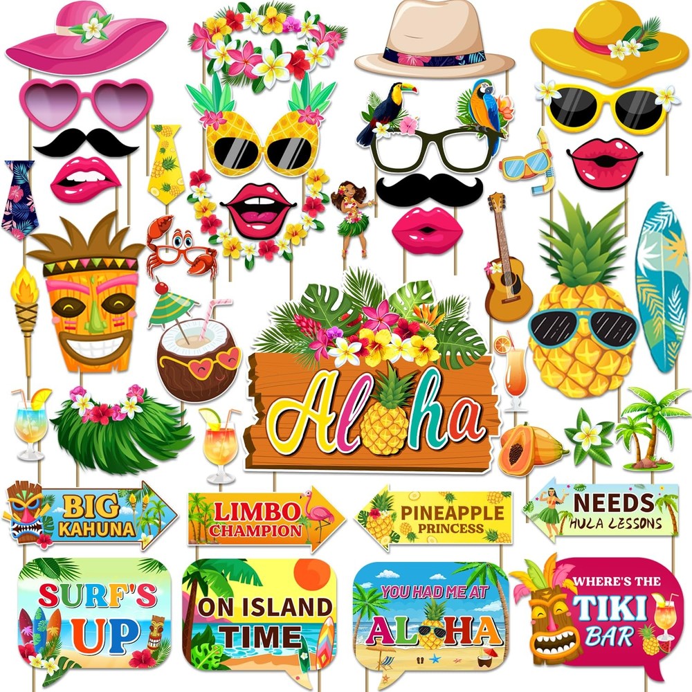 Luau Party Decorations Photo Booth Props Kit Hawaiian Themed Supplies 42 PCS