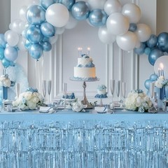 2 Pack Light Blue Table Skirts, 29×108″ Metallic Foil Tinsel Fringe Table Ski…