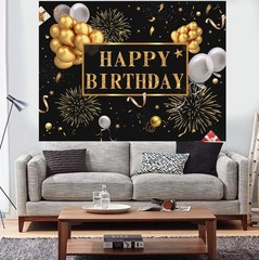 7x5ft Happy Birthday Backdrop Banner, Birthday Party Decor,Black Gold Poster Pho