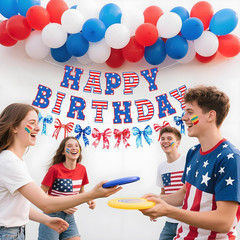 Bow Patriotic Happy Birthday Banner,4Th/Fourth of July Decorations, Red White an