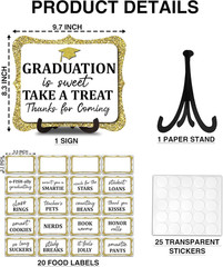 20PCS Graduation Candy Buffet Labels, 1 Gold Glitter Candy Buffet Table Sign wit