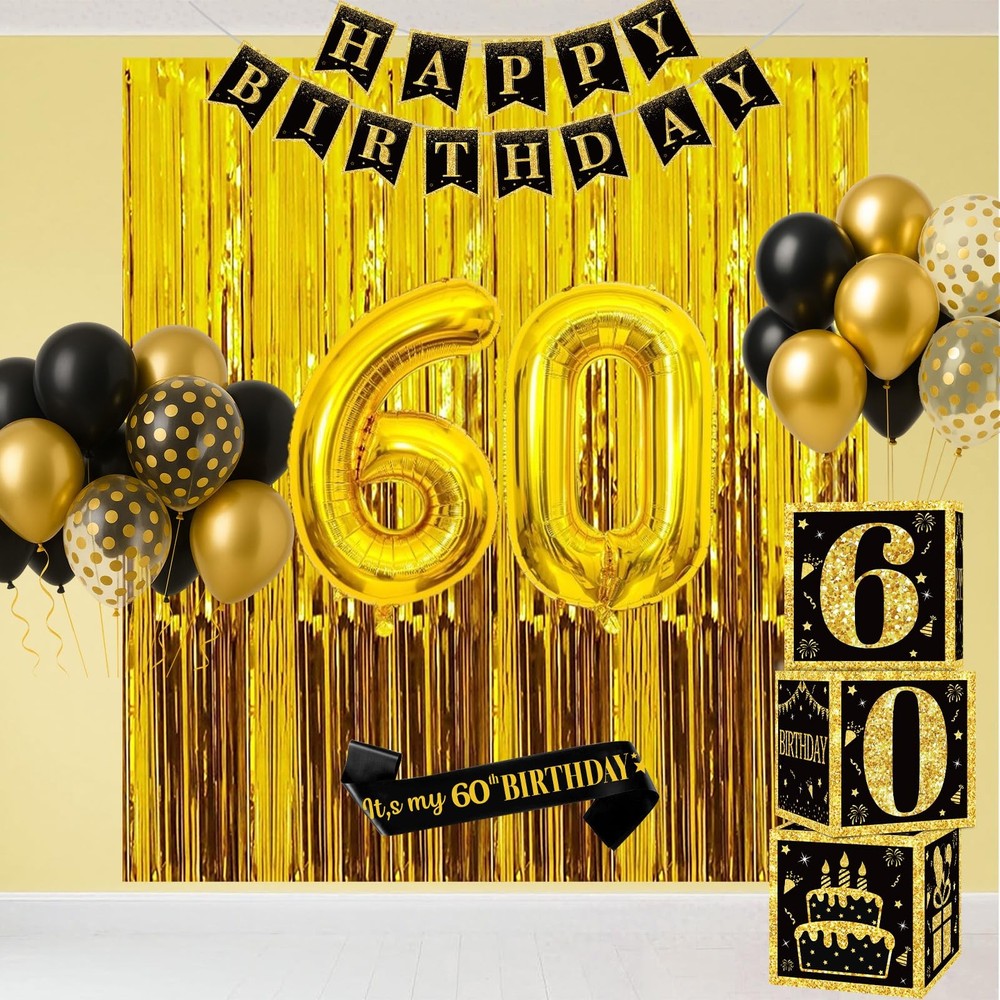 60th Birthday Decorations for Men Women, 50pcs Black and Gold Party Decoratio.