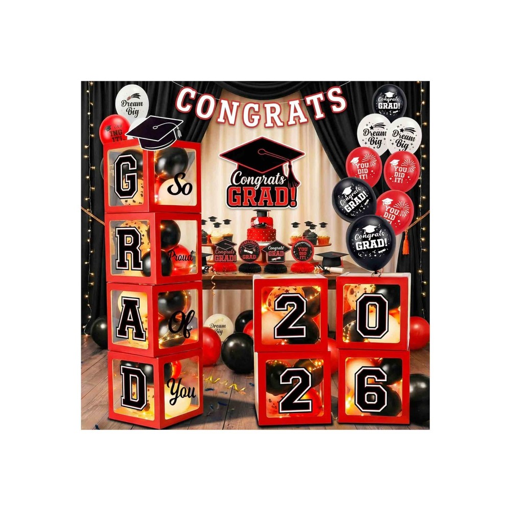 Graduation Decorations Class of 2026 Red and Black Balloon Boxes for High