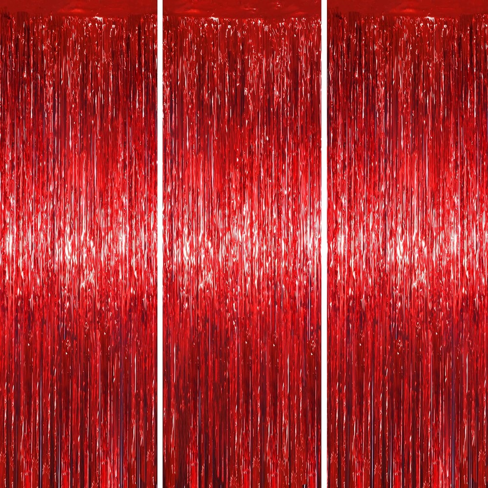 3 PCS Foil Fringe Curtains 3.3×6.6 Ft Red Tinsel Streamers Backdrop Party