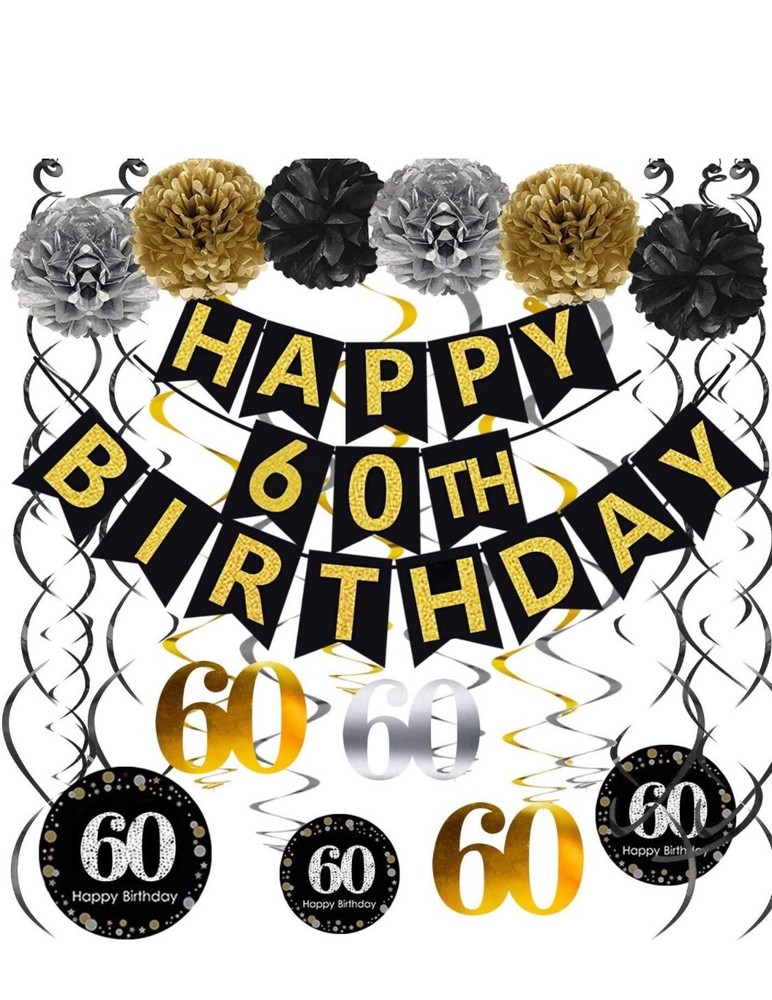 BLACK & GOLD 60th Birthday/Anniv Banner, Pom Poms, Sparkling 60 Hanging Swirls