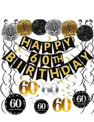 BLACK & GOLD 60th Birthday/Anniv Banner, Pom Poms, Sparkling 60 Hanging Swirls