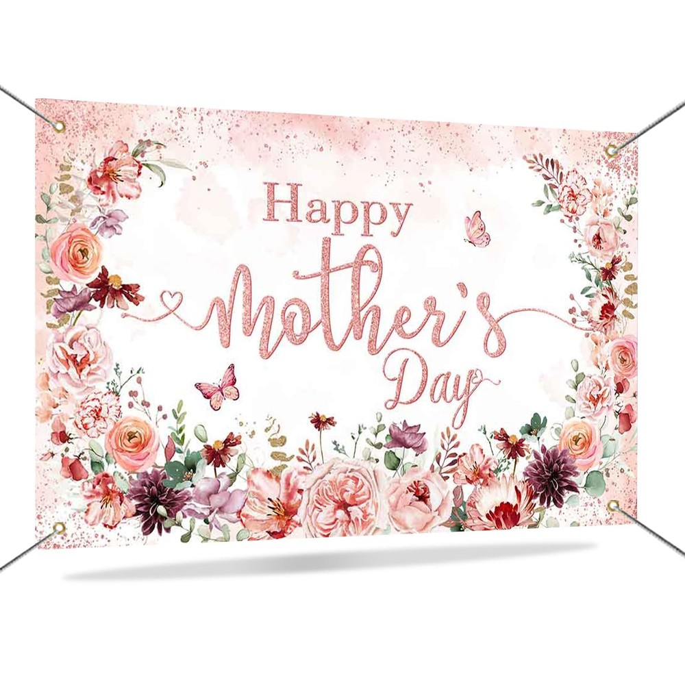 Happy Mother’s Day Banner Backdrop Mothers Day Photo Backdrop Pink Flowers Mothe